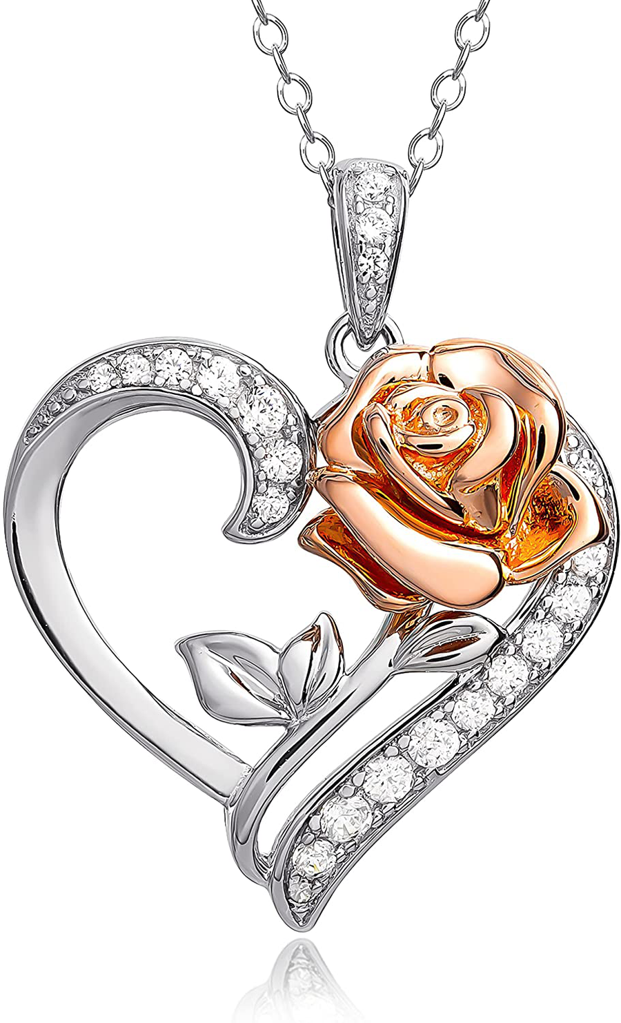 Disney Beauty and the Beast Pink Gold over Sterling Silver Two Tone Enchanted Rose Cubic Zirconia Heart Necklace, 18"