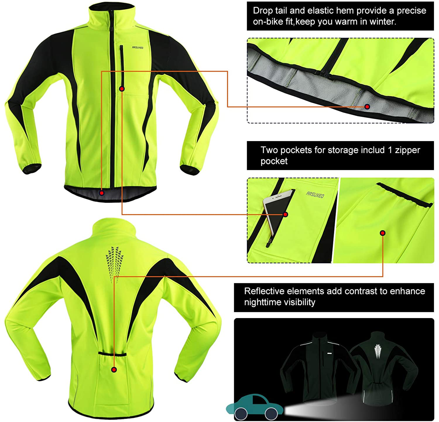 ARSUXEO Winter Warm up Thermal Softshell Cycling Jacket Windproof Waterproof 15-K