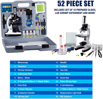 Amscope 120X-1200X 52-Pcs Kids Beginner Microscope STEM Kit with Metal Body Microscope, Plastic Slides, LED Light and Carrying Box (M30-Abs-Kt2-W),White