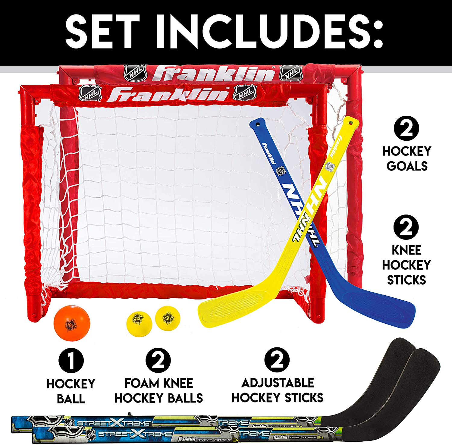 Franklin Sports Kids Folding Hockey 2 Goal Set - NHL - Street Hockey & Knee Hockey - Includes 2 Adjustable Hockey Sticks, 2 Knee Hockey Sticks, 2 Hockey Balls - 24 X 19 X 19 Inch Goal