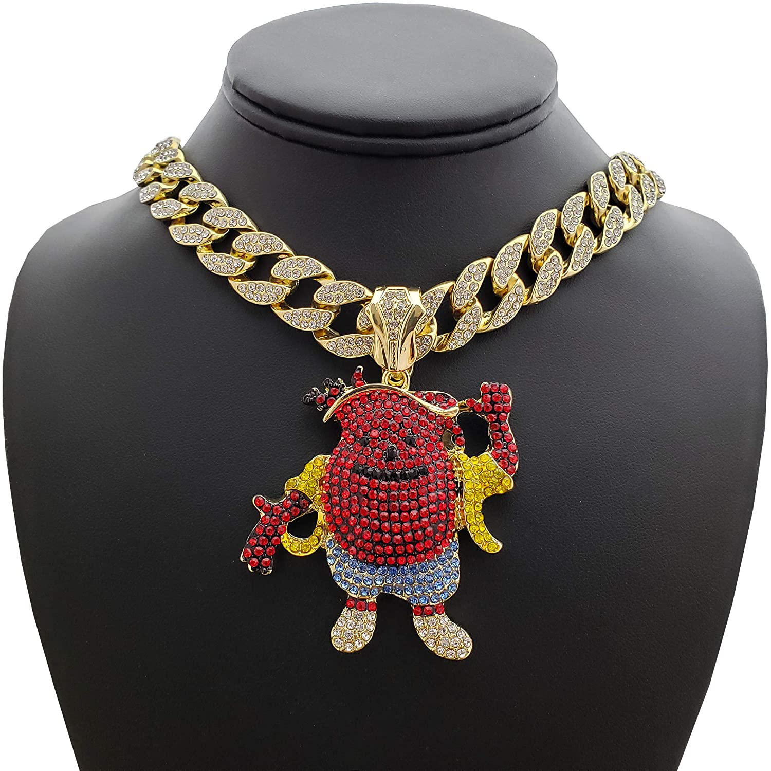 Hip Hop Iced KOOL AID MAN Pendant W/ 18" Full Iced Cuban Choker Chain Necklace Set