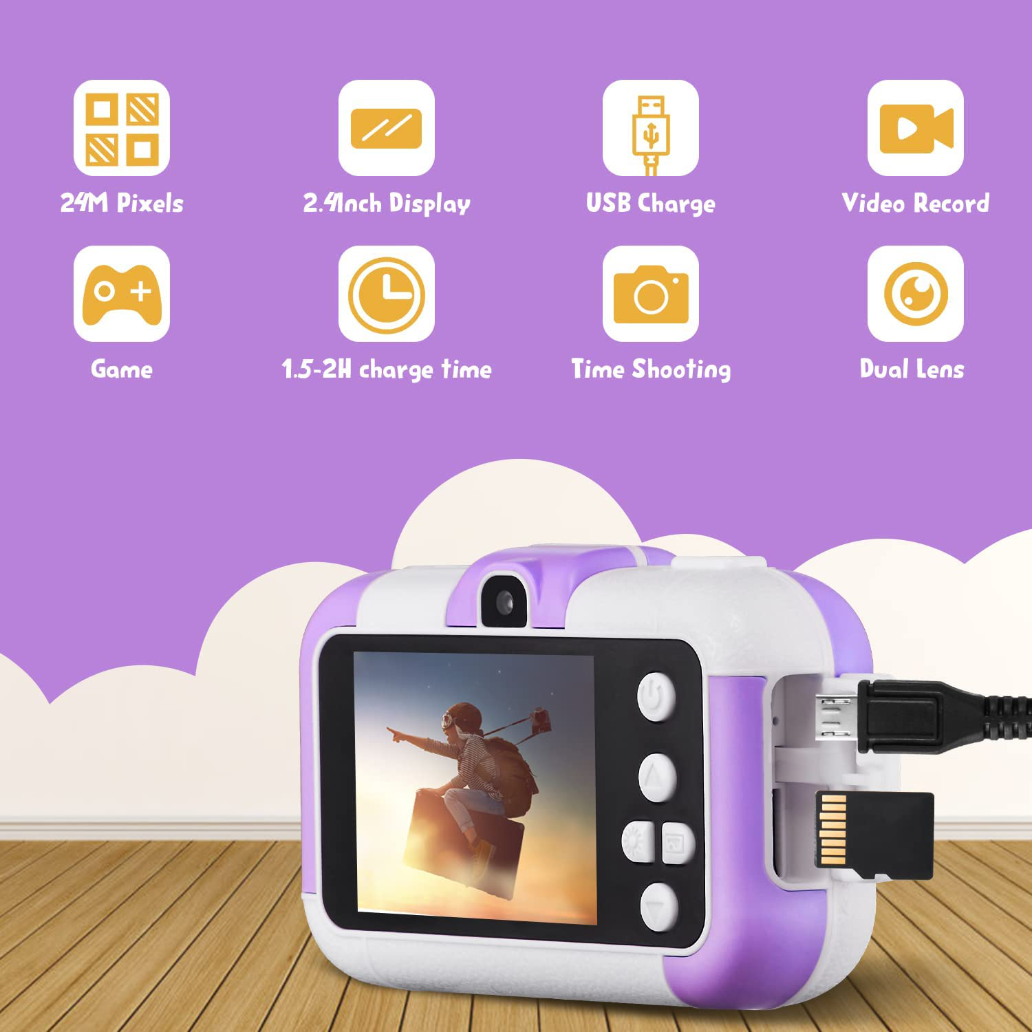 SUZIYO Children Camera, Birthday Electronic Toys for Kids, Upgrade Toddlers Selfie Digital Camcorder 1080P for Age 4-7 Years Old Boys & Girls (With 32G SD Card, Purple)