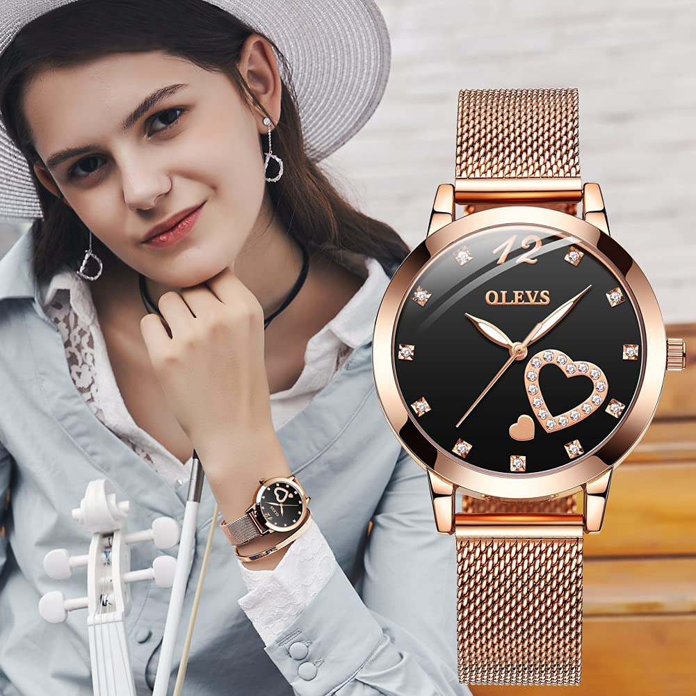 OLEVS Women'S Rose Gold Watches Heart Diamond Japanese Quartz Movement Girls Ladies Wristwatch Big Face Waterproof Mesh Belt Watch and Bracelet Set Valentines Day Gifts