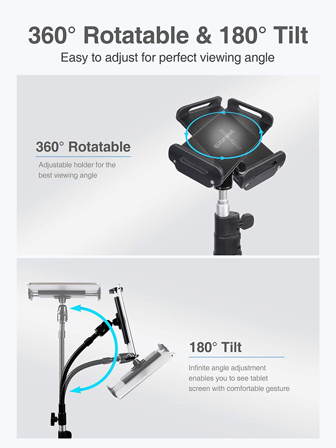 Elitehood Metal Ipad Tripod Stand & Adjustable 72’’ Gooseneck Tablet Floor Stand Holder, Heavy Duty Aluminum Ipad Floor Stand for Ipad Pro 12.9 11, Mini, Air, Iphone and 4.7-12.9" Tablets Cell Phones