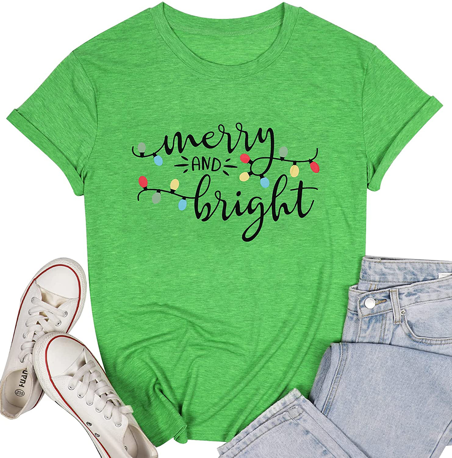 DUTUT Merry and Bright Christmas Lights T-Shirts Women Xmas Graphic Print Shirts Holiday Short Sleeve Tops Tees