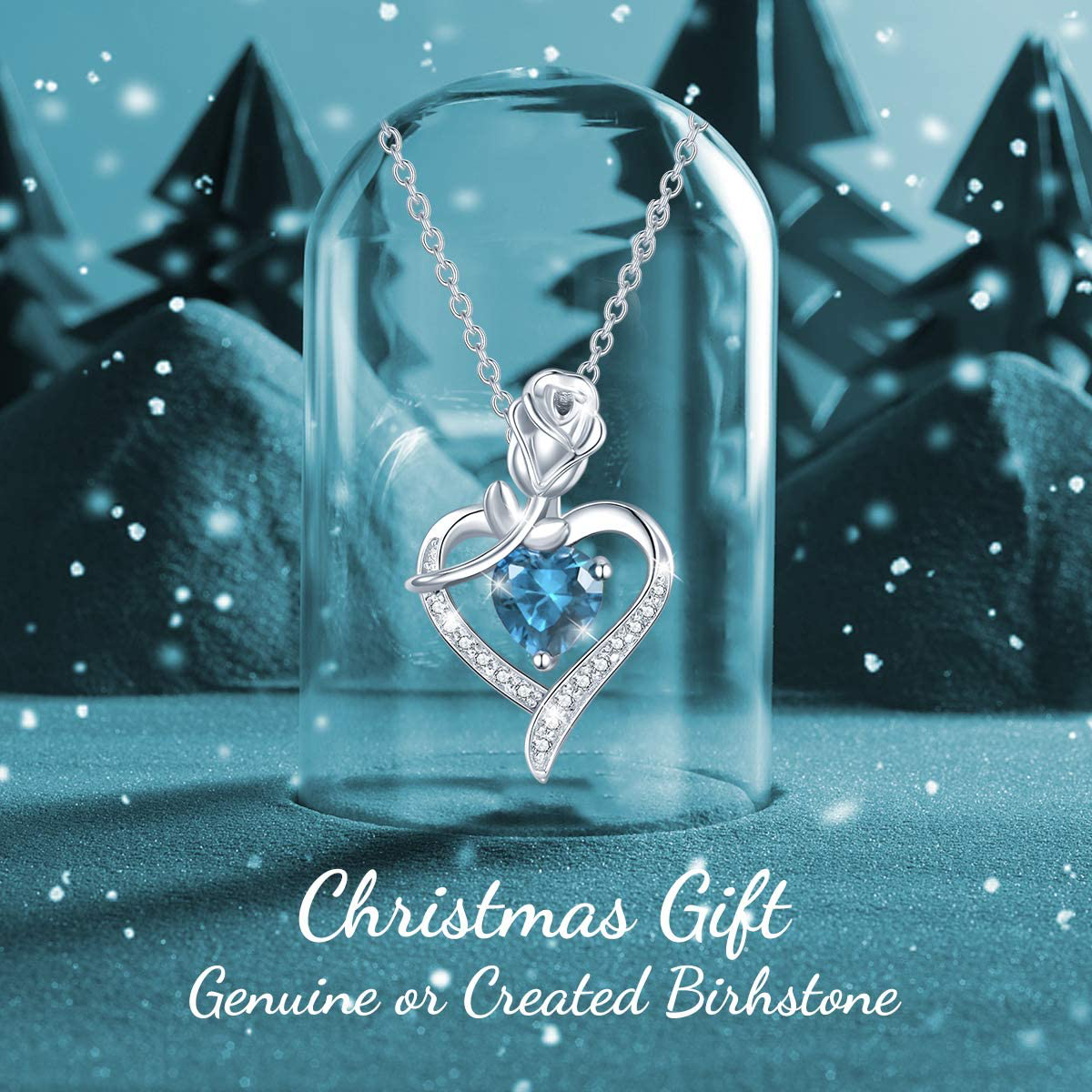 Fine Jewelry Christmas Gifts Birthstone Necklaces for Women Sterling Silver Genuine or Created Gemstone Rose Flower Heart Pendant Necklace Anniversary Birthday Gifts for Girls Wife Her Mom Grandma