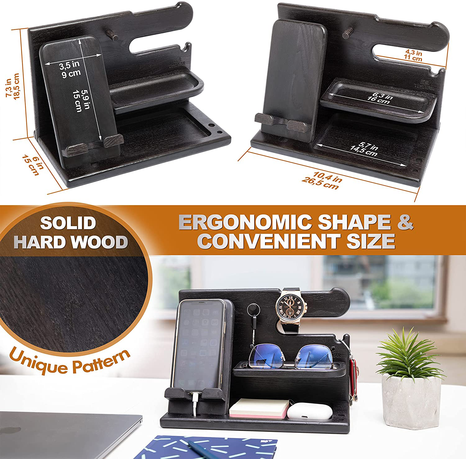 TESLYAR Wood Phone Docking Station Ash Key Holder Wallet Stand Watch Organizer Men Gift Husband Wife Anniversary Dad Birthday Nightstand Purse Father Graduation Male Travel Idea Gadget (Black)