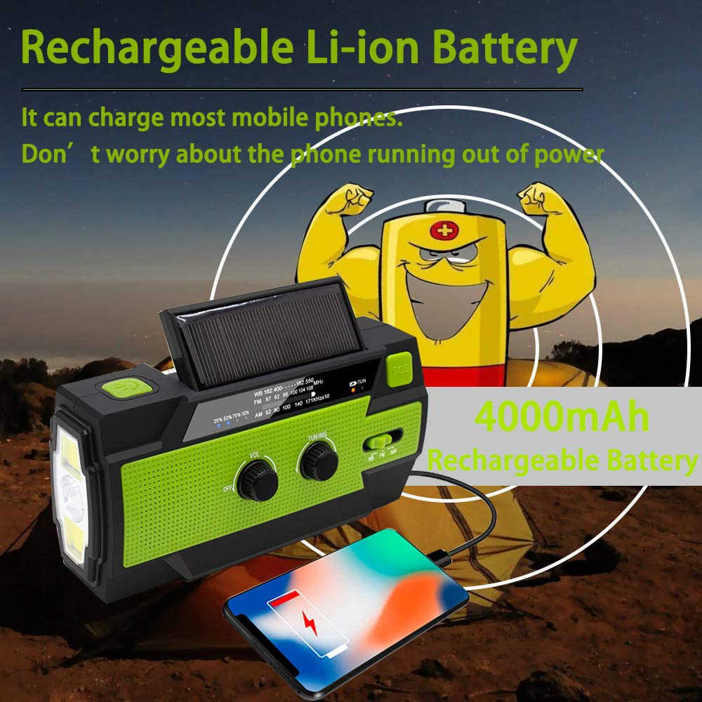 【2021 Newest】 Emergency Solar Hand Crank Portable Weather Radio, with AM FM NOAA, 3 LED Flashlights, Motion Sensor, Reading Lamp, SOS Alarm, 4000Mah Rechargeable Battery USB Charger (Green)
