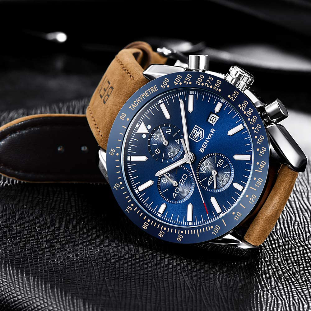 BENYAR Classic Fashion Elegant Chronograph Watch Casual Sport Leather Band Mens Watches 5140L