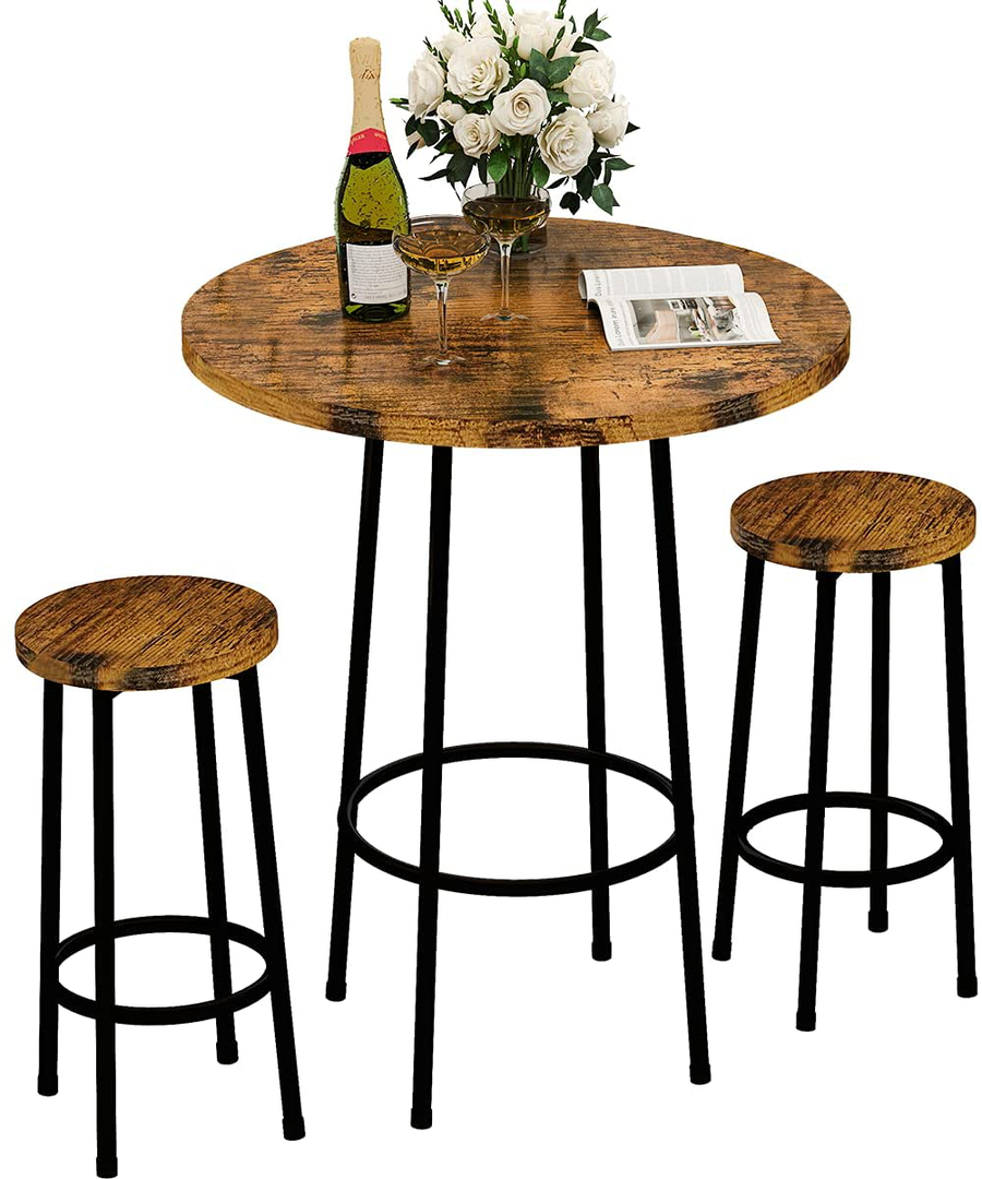 Recaceik 3 Piece Pub Dining Set, Modern round Bar Table and Stools for 2 Kitchen Counter Height Wood Top Bistro Easy Assemble for Breakfast Nook Living Room Small Space Restaurant, Rustic Brown 23