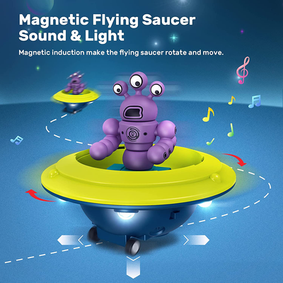 HOLYFUN Magnetic Toys for Kids, Electronic Magnetic Walking Flying Saucer with 35PCS Stacking Blocks Building Robot, Storage Box, STEM Educational Space Ship and Robot Toy Gift for Toddler Boy Girl