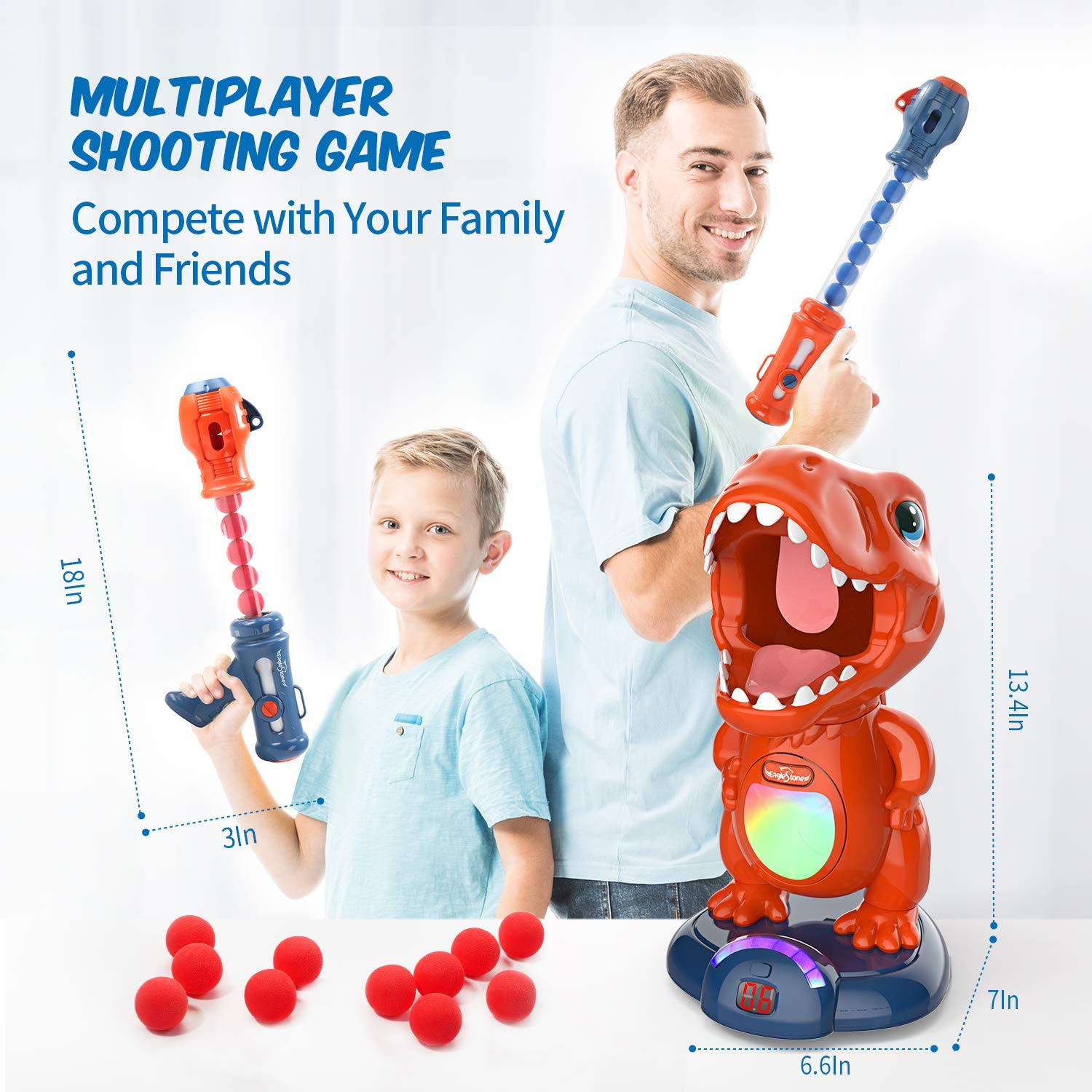 Movable Dinosaur Shooting Toys for Kids Target Shooting Games with 2 Air Pump Gun, Party Toys with Score Record, LED & Sound, 48 Foam Balls Electronic Target Practice Toys Gift for Boys and Girls