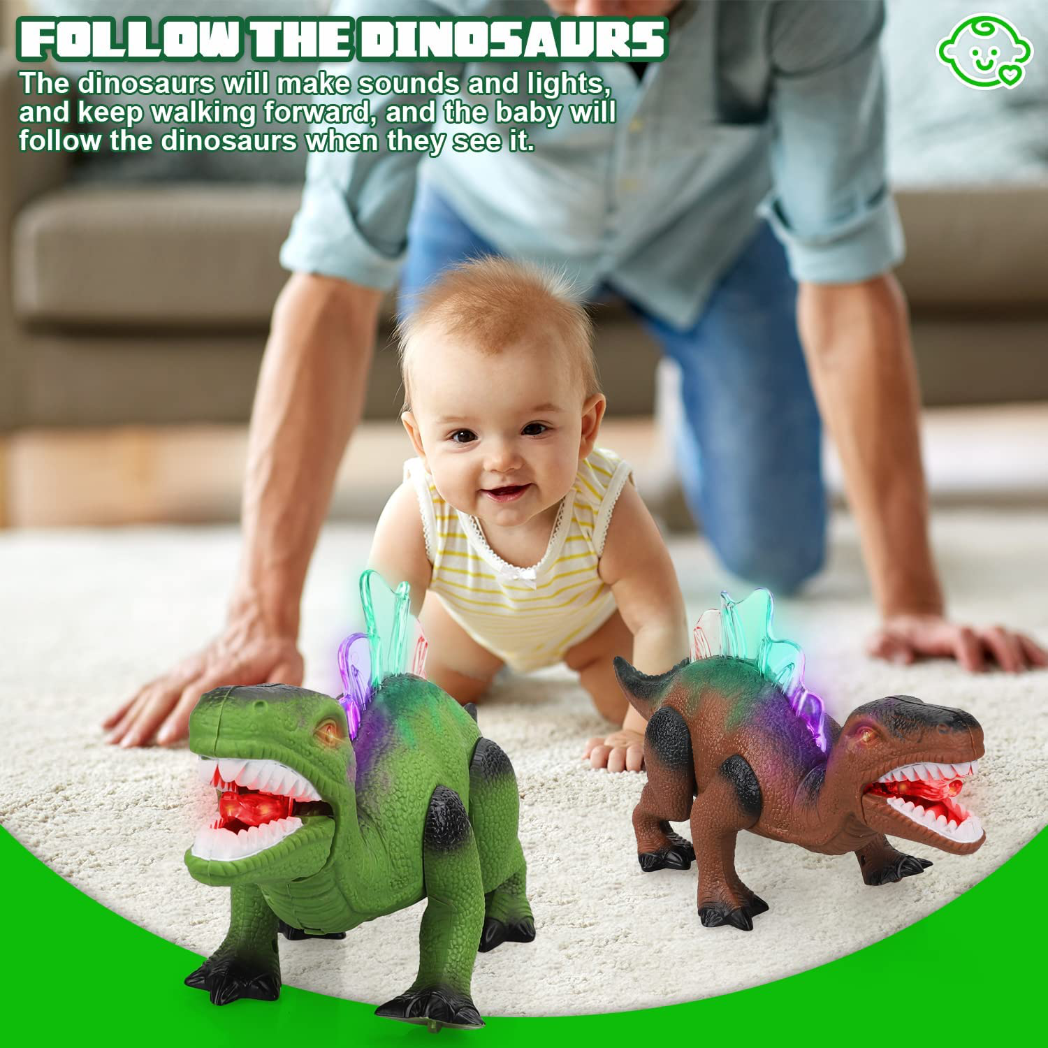 STEAM Life 2 Pack Walking Dinosaur Toys for Kids Green & Brown with 12 Pcs Mini Dinosaur Figures Mouth Moves Roars and Lights up - Electronic Dino Toys Dinosaur Toys for Boys and Girls
