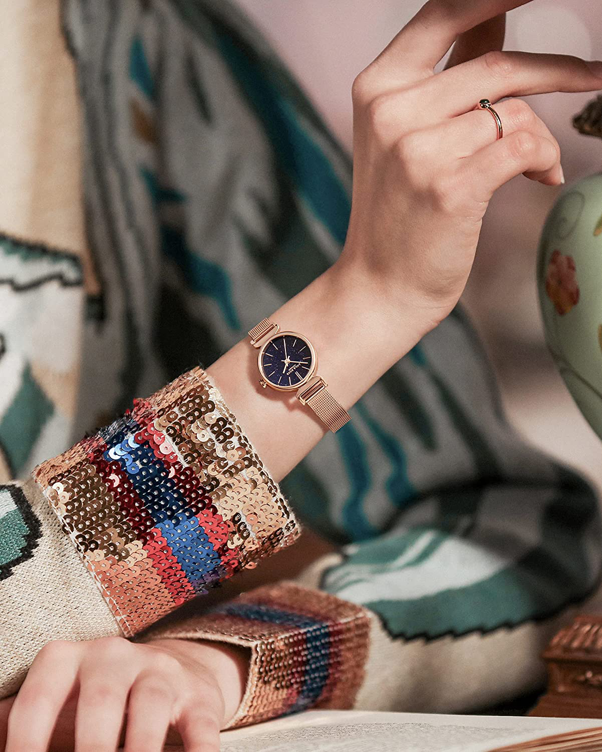 Lola Rose Women'S Blue Sandstone Watch with Rose Gold Tone Milanese Steel Band