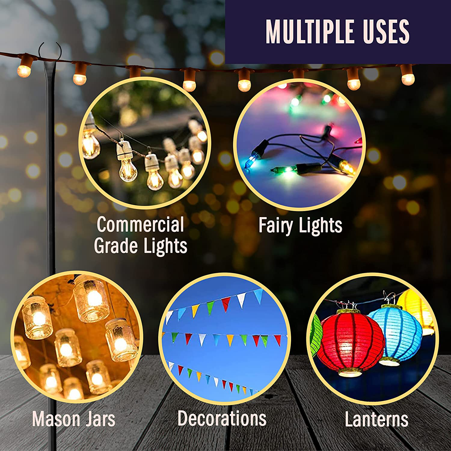 Holiday Styling String Light Poles for Outdoor String Lights - Set of 2 Christmas Light Poles, 110 Inch Pole & Bracket Kit for Deck or Patio Railing - outside Hangers & Hooks for Backyard LED Lights