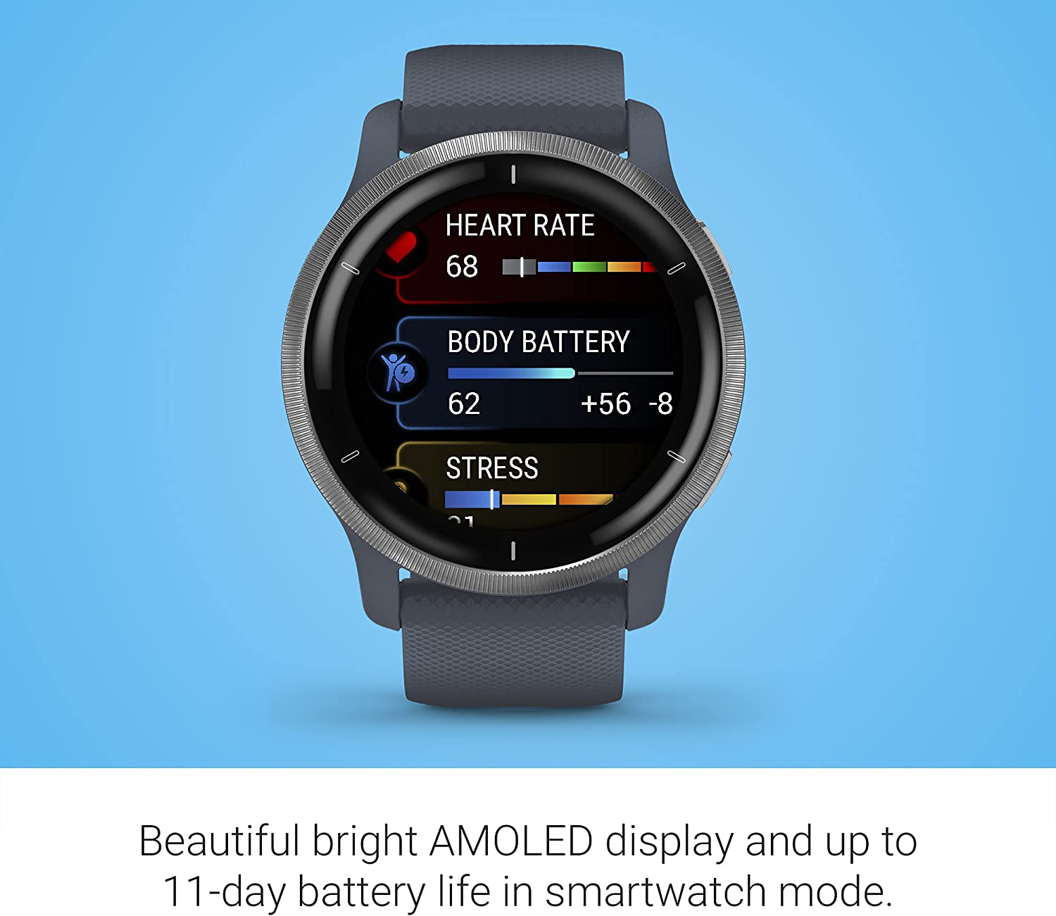 Garmin Venu 2, GPS Smartwatch with Advanced Health Monitoring and Fitness Features, Silver Bezel with Graniteblue Case and Silicone Band