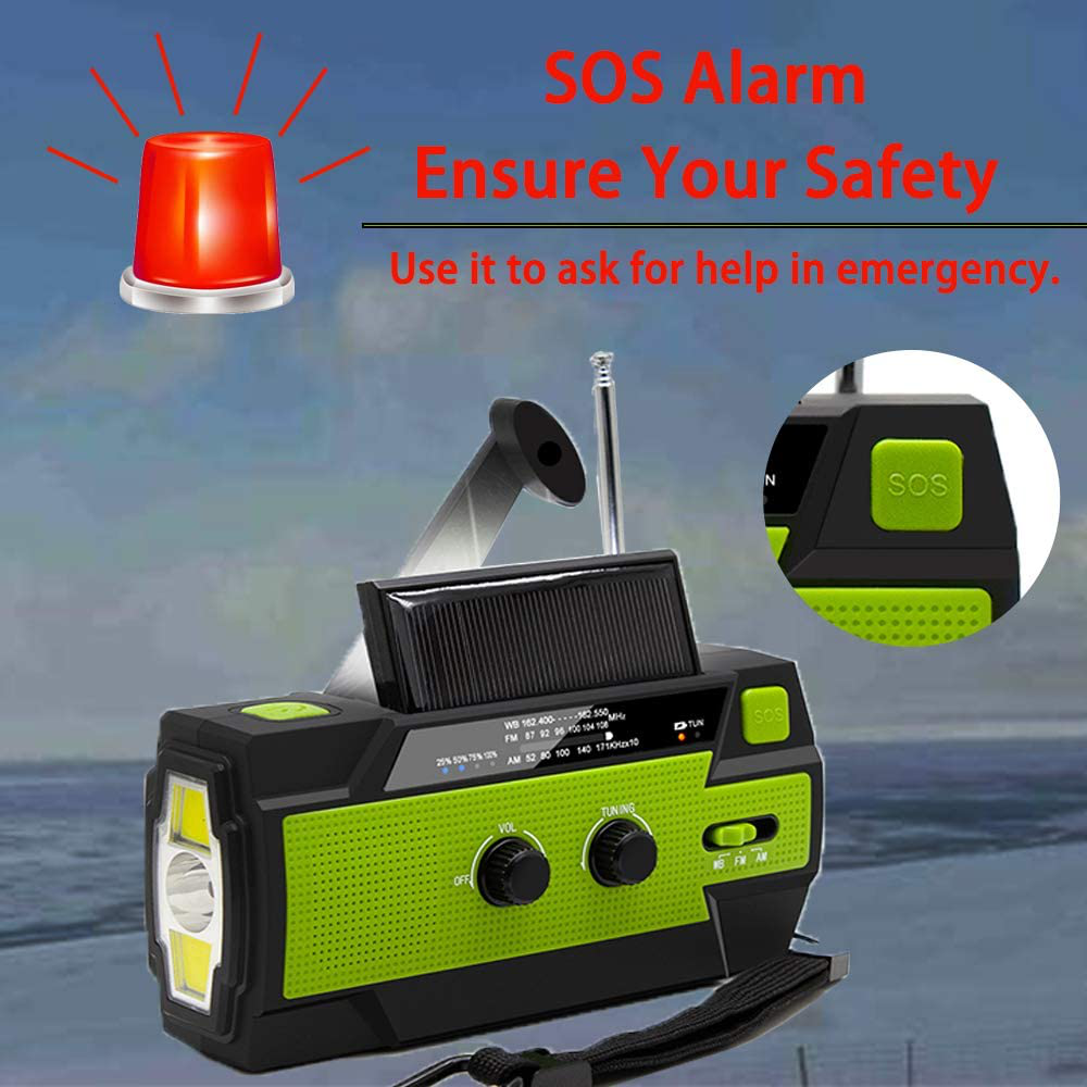 【2021 Newest】 Emergency Solar Hand Crank Portable Weather Radio, with AM FM NOAA, 3 LED Flashlights, Motion Sensor, Reading Lamp, SOS Alarm, 4000Mah Rechargeable Battery USB Charger (Green)