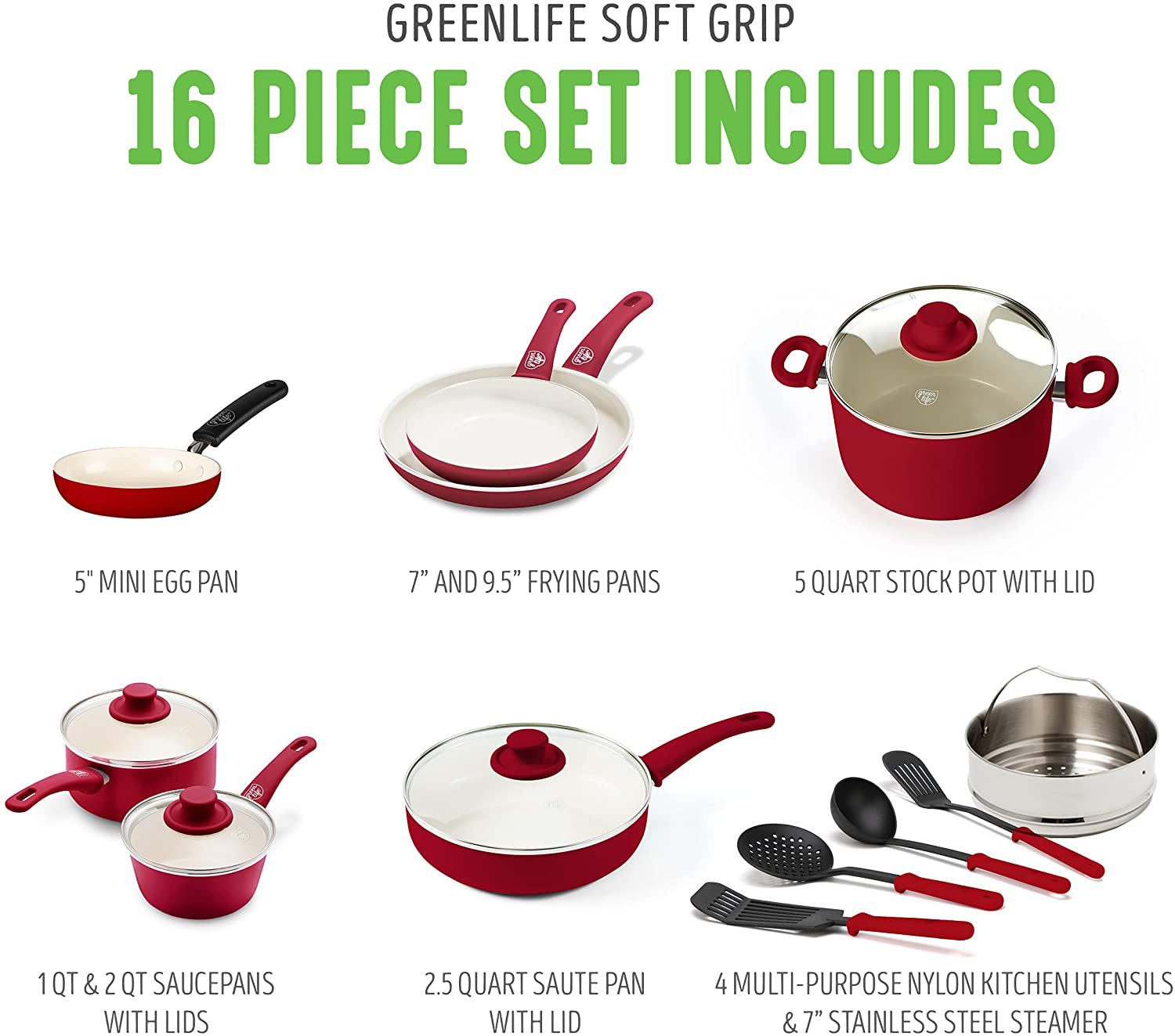 Greenlife Soft Grip Healthy Ceramic Nonstick, Cookware Pots and Pans Set, 16 Piece, Red