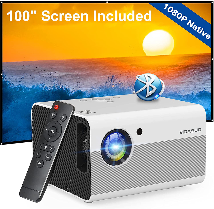 Native 1080P Projector Bluetooth with Digital Zoom&Hifi Stereo, BIGASUO Outdoor Movie Projector, 7500L Home Portable Projector Compatible Hdmi,Usb,Av,Tv[100''Screen Included]