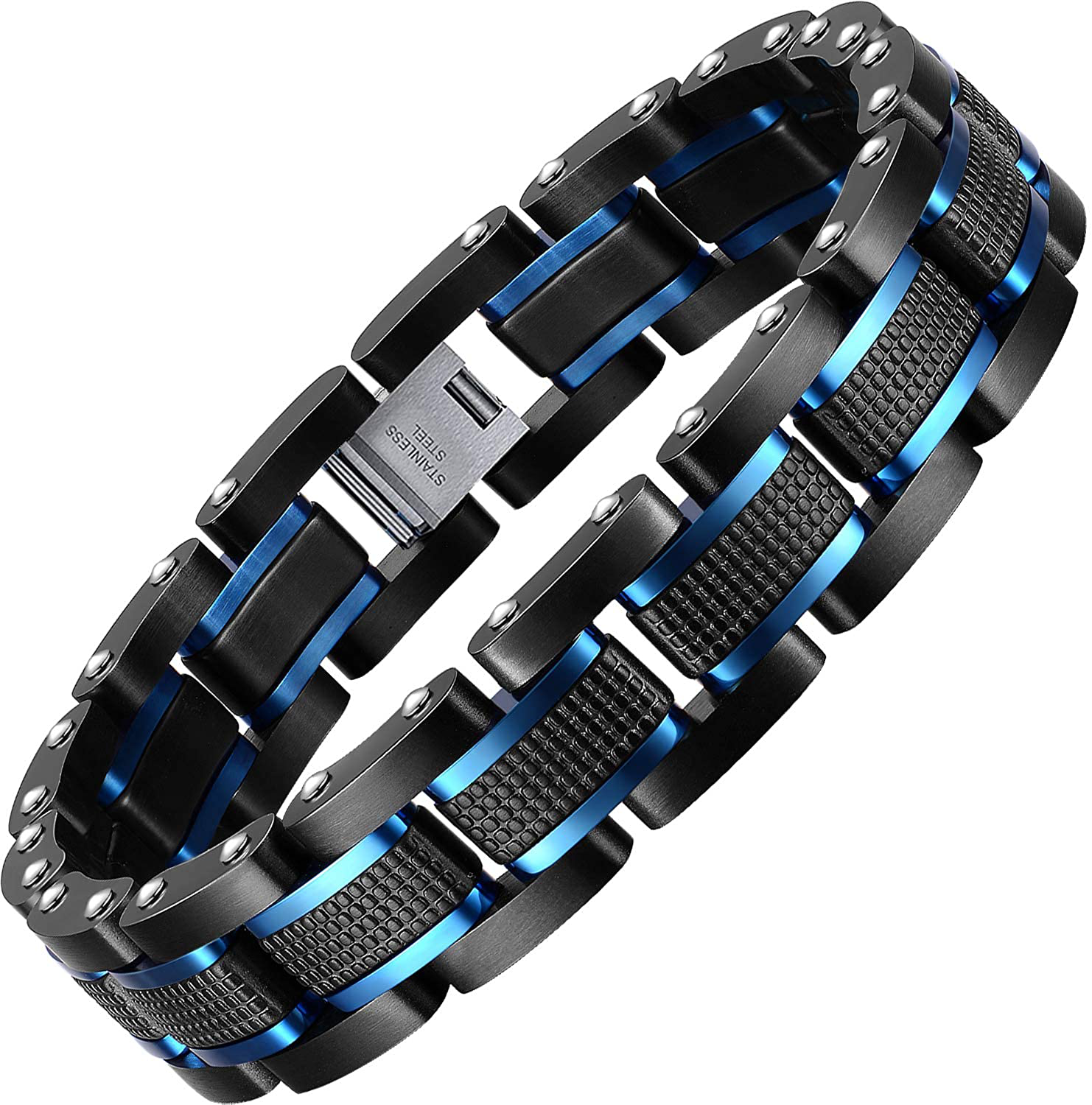 Zillaly Men'S Stainless Steel Two-Tone Square Link Diamond Bracelet in Black & Blue Ion-Plated Black