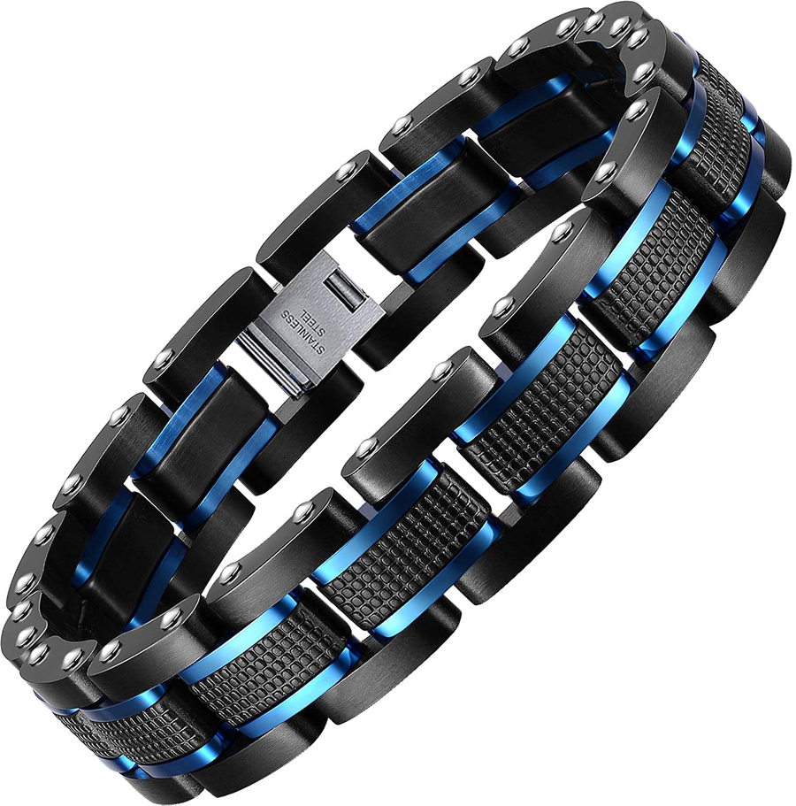 Zillaly Men'S Stainless Steel Two-Tone Square Link Diamond Bracelet in Black & Blue Ion-Plated Black