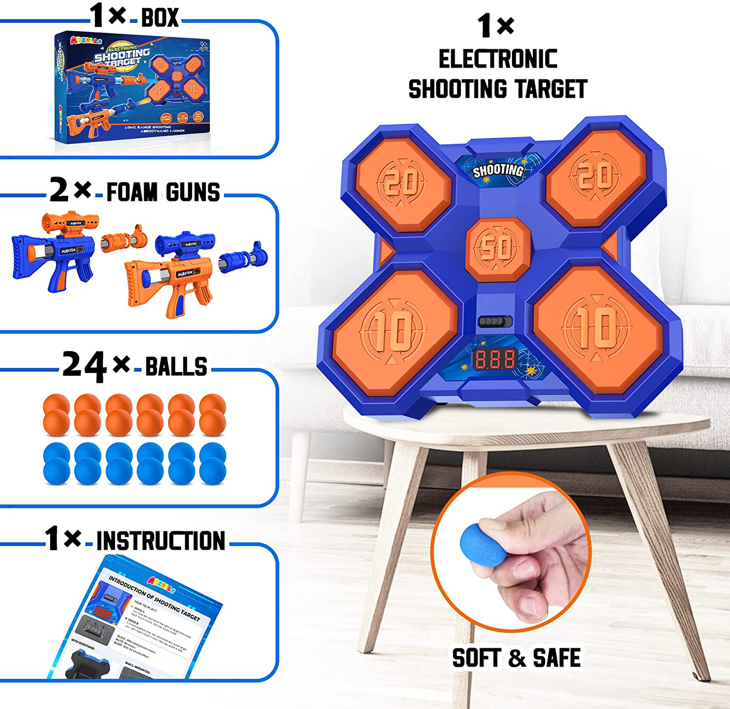 ABERLLS Shooting Game Toy for Age 5 6 7 8 9 10+ Years Old Kids Boys, Digital Electronic Scoring Shooting Targets 2Pk Foam Ball Popper Air Blaster, Ideal Gift, Compatible with Nerf Toy