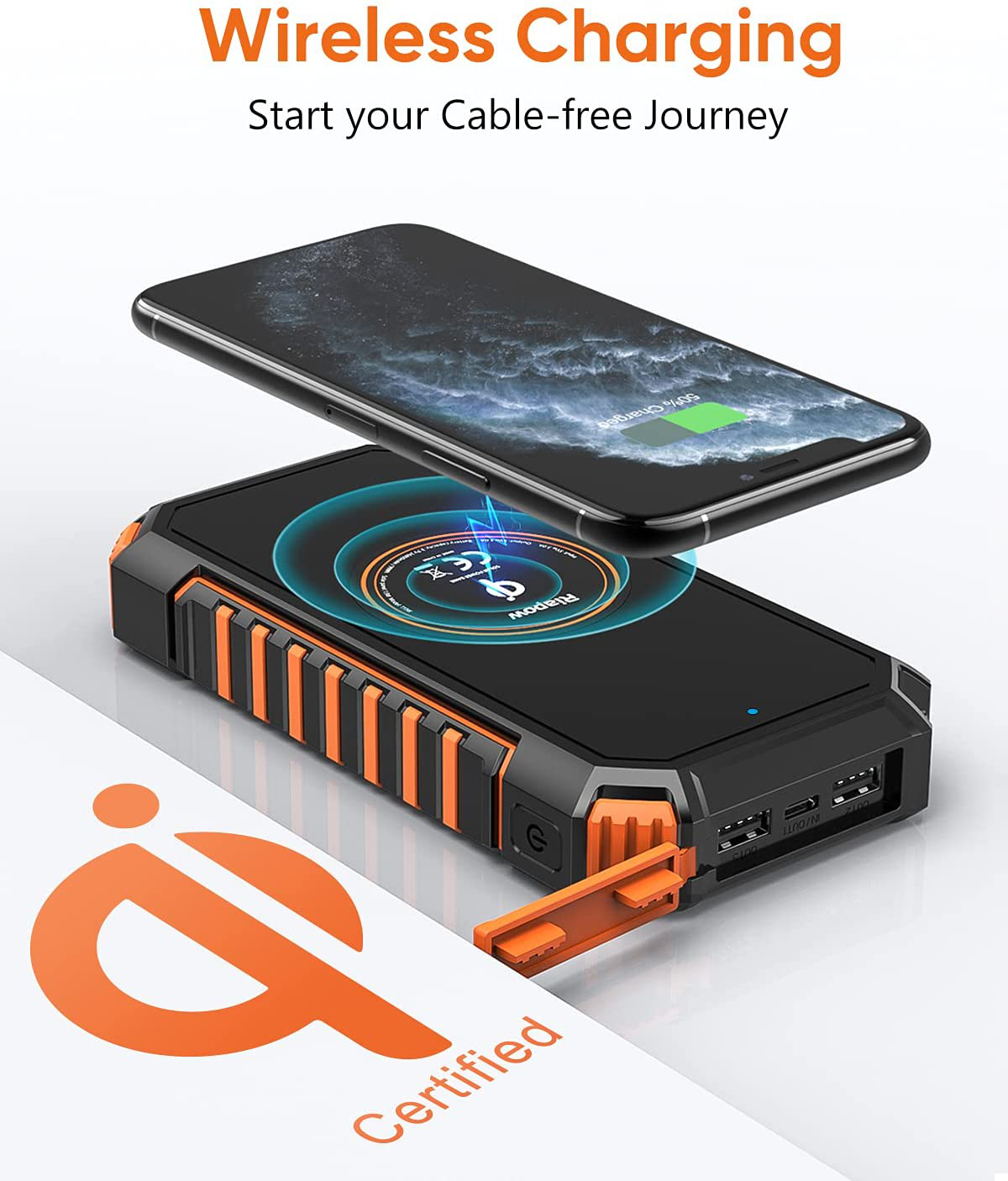 Solar Charger Power Bank 26800mAh 4 Outputs USB  Quick Charge Qi Wireless Portable Charger with LED Flashlight for Iphone, Tablet, Samsung and Outdoor Camping