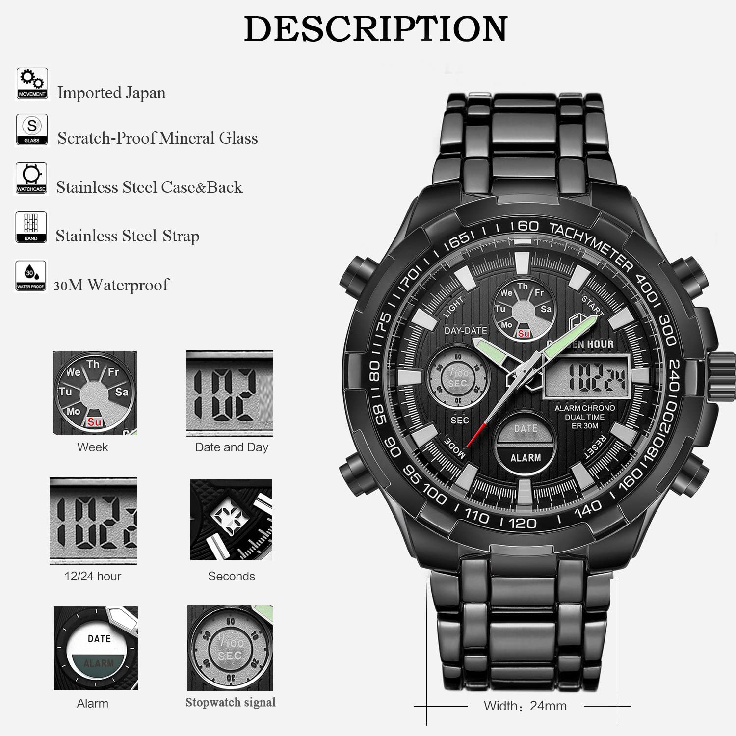 GOLDEN HOUR Luxury Stainless Steel Analog Digital Watches for Men Male Outdoor Sport Waterproof Big Heavy Wristwatch
