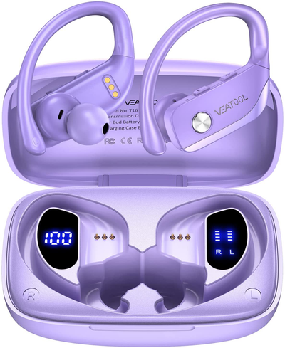 Wireless Earbuds Bluetooth Headphones 48Hrs Play Back Sport Earphones with LED Display Over-Ear Buds with Earhooks Built-In Mic Headset for Workout Purple BMANI-VEAT00L