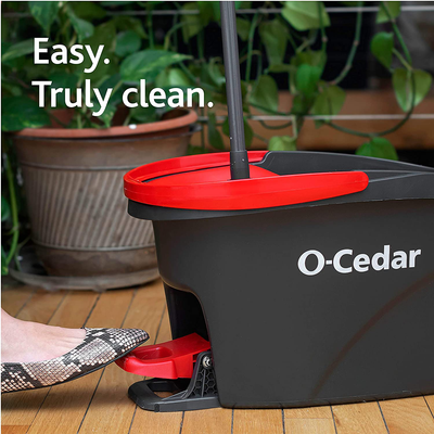 O-Cedar Easywring Microfiber Spin Mop & Bucket Floor Cleaning System + 2 Extra Refills, Red/Gray