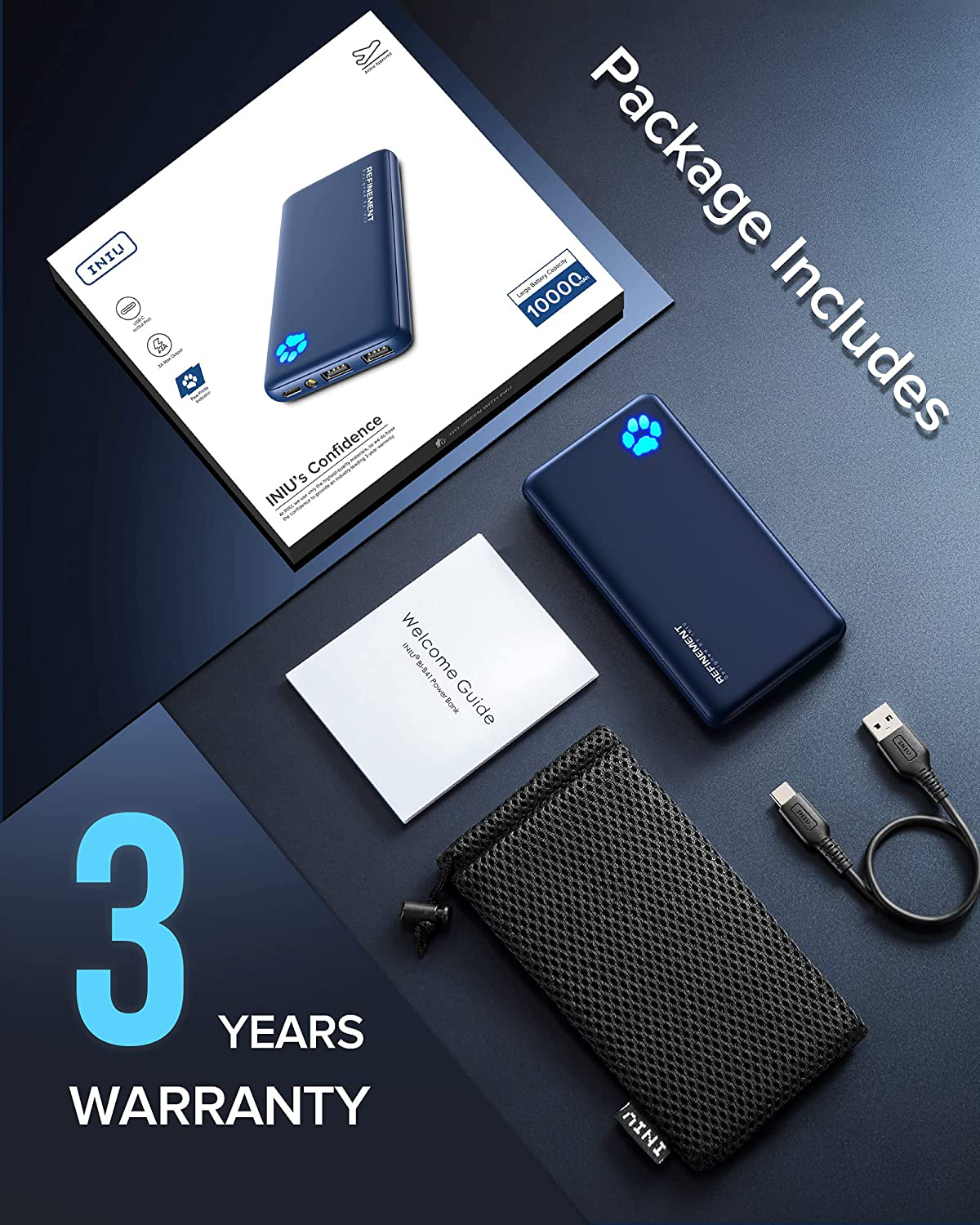 INIU Portable Charger, USB C Slimmest & Lightest Triple 3A High-Speed 10000Mah Power Bank, Flashlight Battery Pack Compatible with Iphone 13 12 11 X plus Samsung S20 Google LG Ipad Etc. [2021 Version]