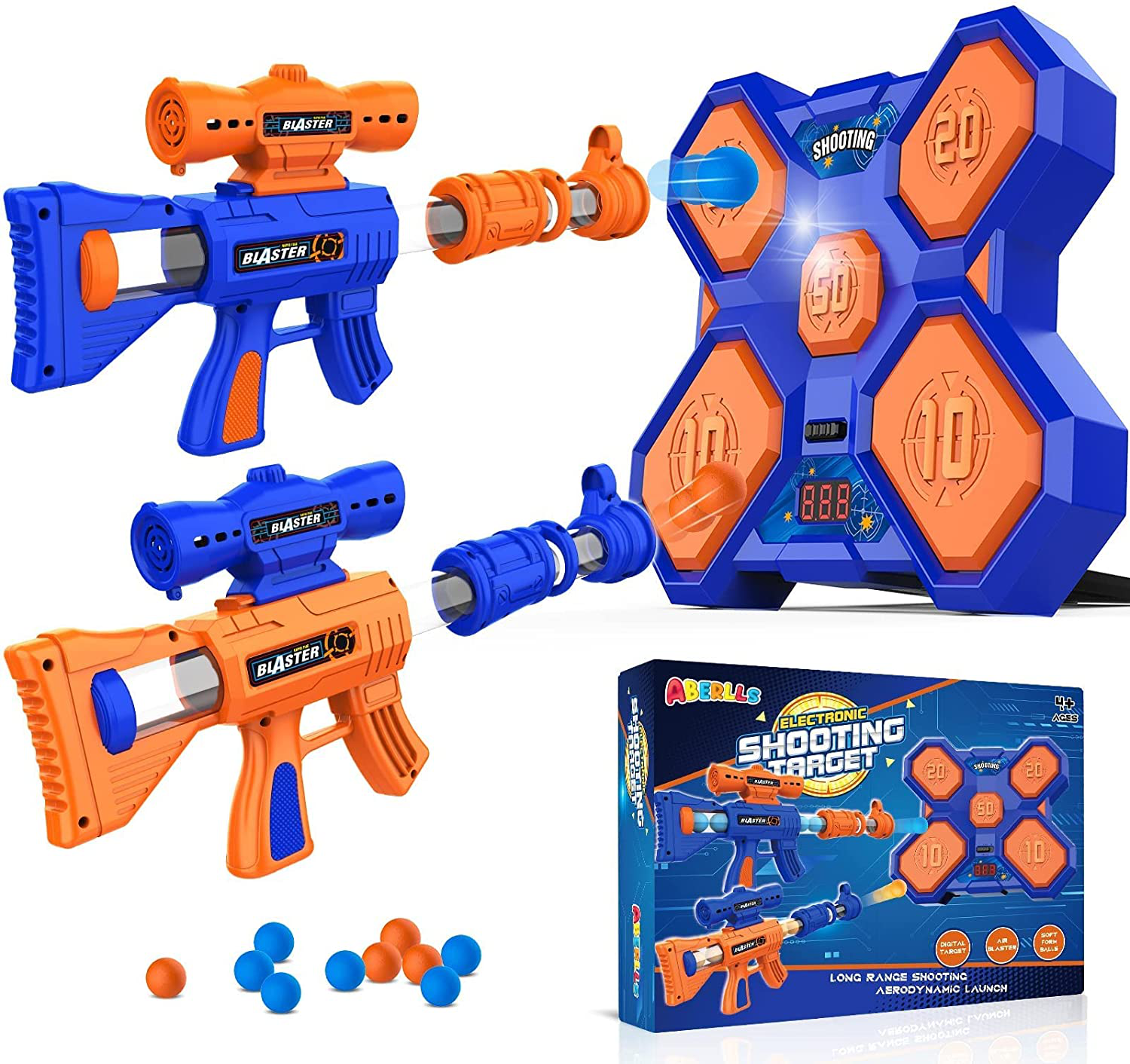 ABERLLS Shooting Game Toy for Age 5 6 7 8 9 10+ Years Old Kids Boys, Digital Electronic Scoring Shooting Targets 2Pk Foam Ball Popper Air Blaster, Ideal Gift, Compatible with Nerf Toy