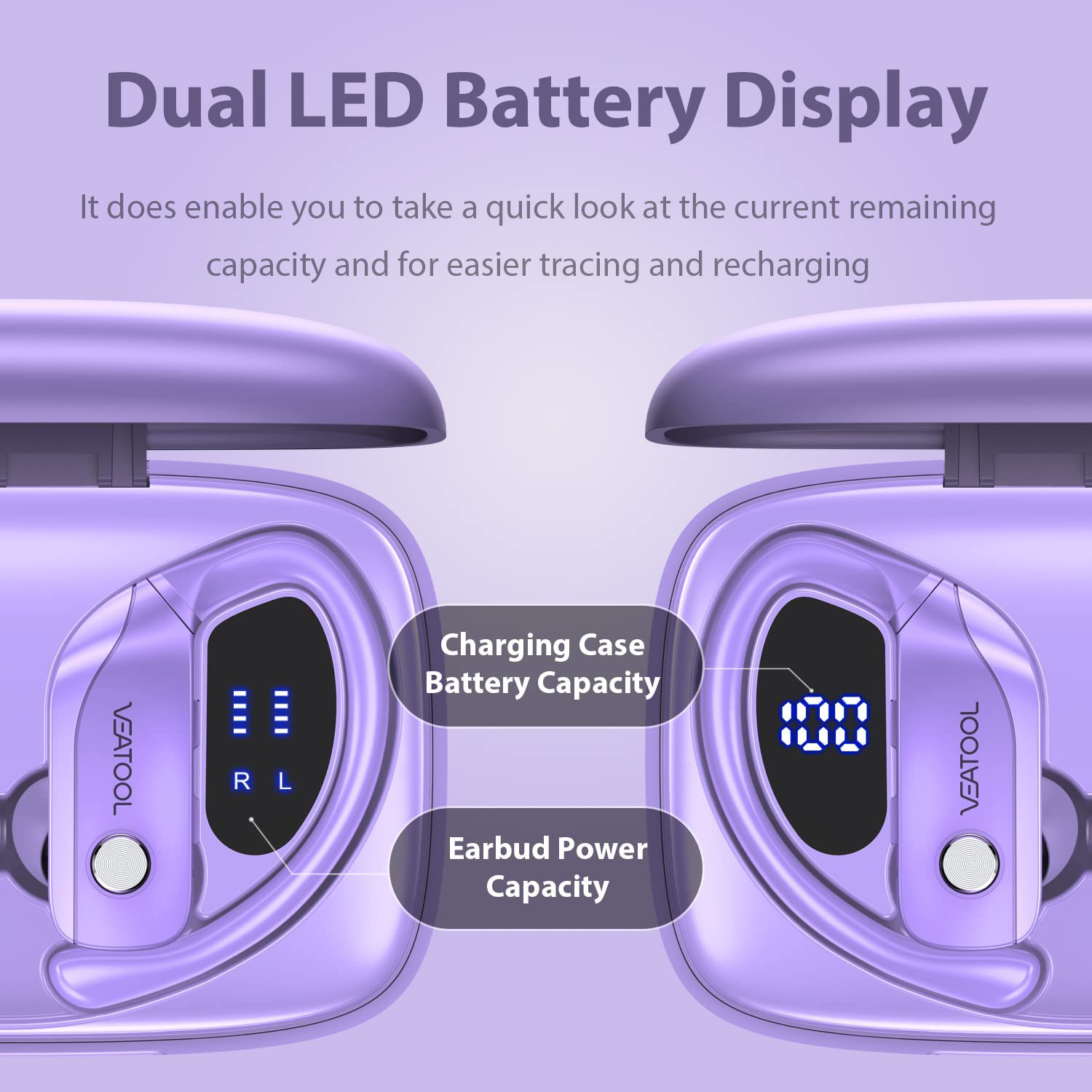 Wireless Earbuds Bluetooth Headphones 48Hrs Play Back Sport Earphones with LED Display Over-Ear Buds with Earhooks Built-In Mic Headset for Workout Purple BMANI-VEAT00L