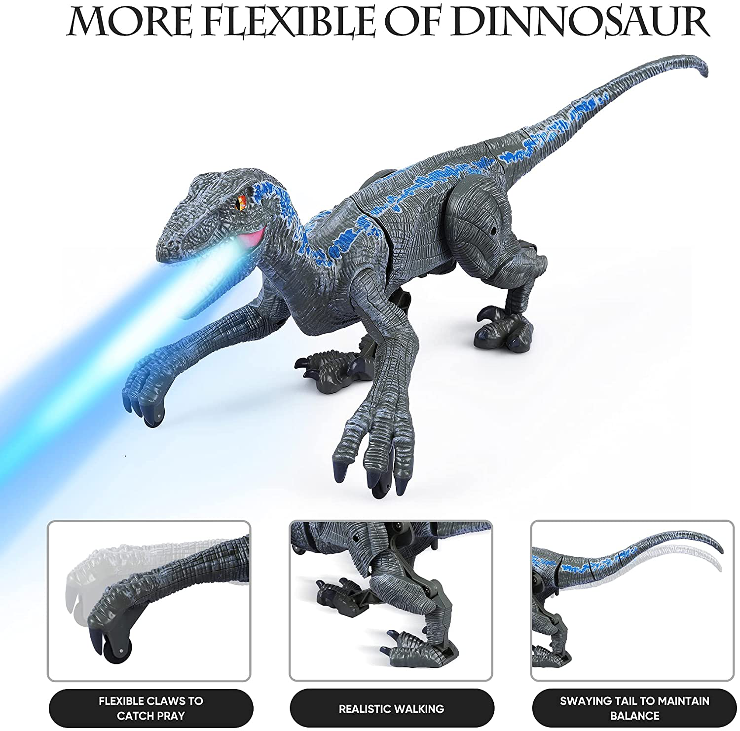 Remote Control Dinosaur for Kids Boys Girls,2.4G Electronic RC Toys Educational Simulation Velociraptor with 3D Eye Shaking Head & Roaring Sounds,Indoor Toys for 3 4 5 6 7 8 9 10 Year Old Gifts (Gray)