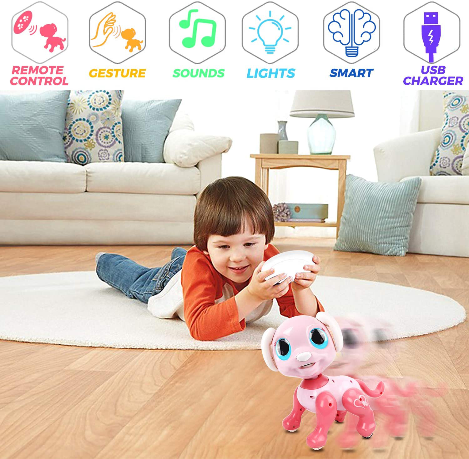 RACPNEL Remote Control Robot Dog Toy, RC Interactive Intelligent Walking Dancing Programmable Robot Puppy with Gesture Sensing, Lights and Sounds for Girls, Gifts for Kids Ages 3 and Up, Pink