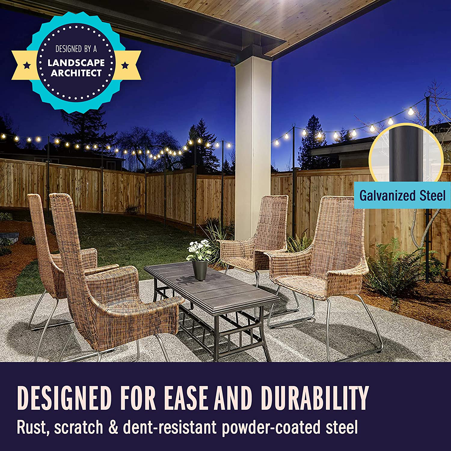 Holiday Styling String Light Poles for Outdoor String Lights - Set of 2 Christmas Light Poles, 110 Inch Pole & Bracket Kit for Deck or Patio Railing - outside Hangers & Hooks for Backyard LED Lights