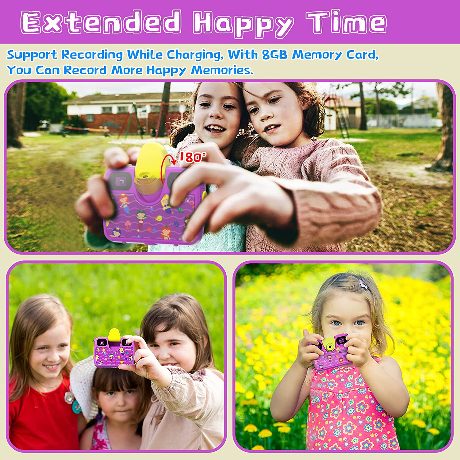 Ourlife Kids Waterproof Camera Gifts for Girls, 1080P HD Digital Video Camera with 2.4'' IPS Screen, Fill Lights, Children Selfie Underwater Camera Toy for Girls 6-15 with TF Card, Silicone Handle