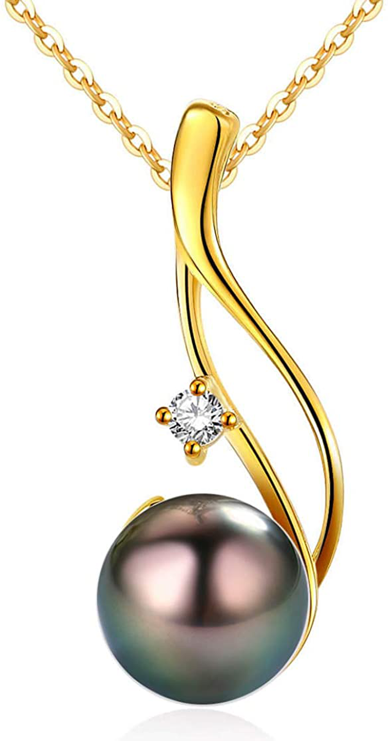 CHAULRI Authentic South Sea Tahitian Black Pearl Pendant Necklace 9-10Mm round 18K Gold Plated 925 Sterling Silver - Jewelry Gifts for Women Wife Mom Daughter