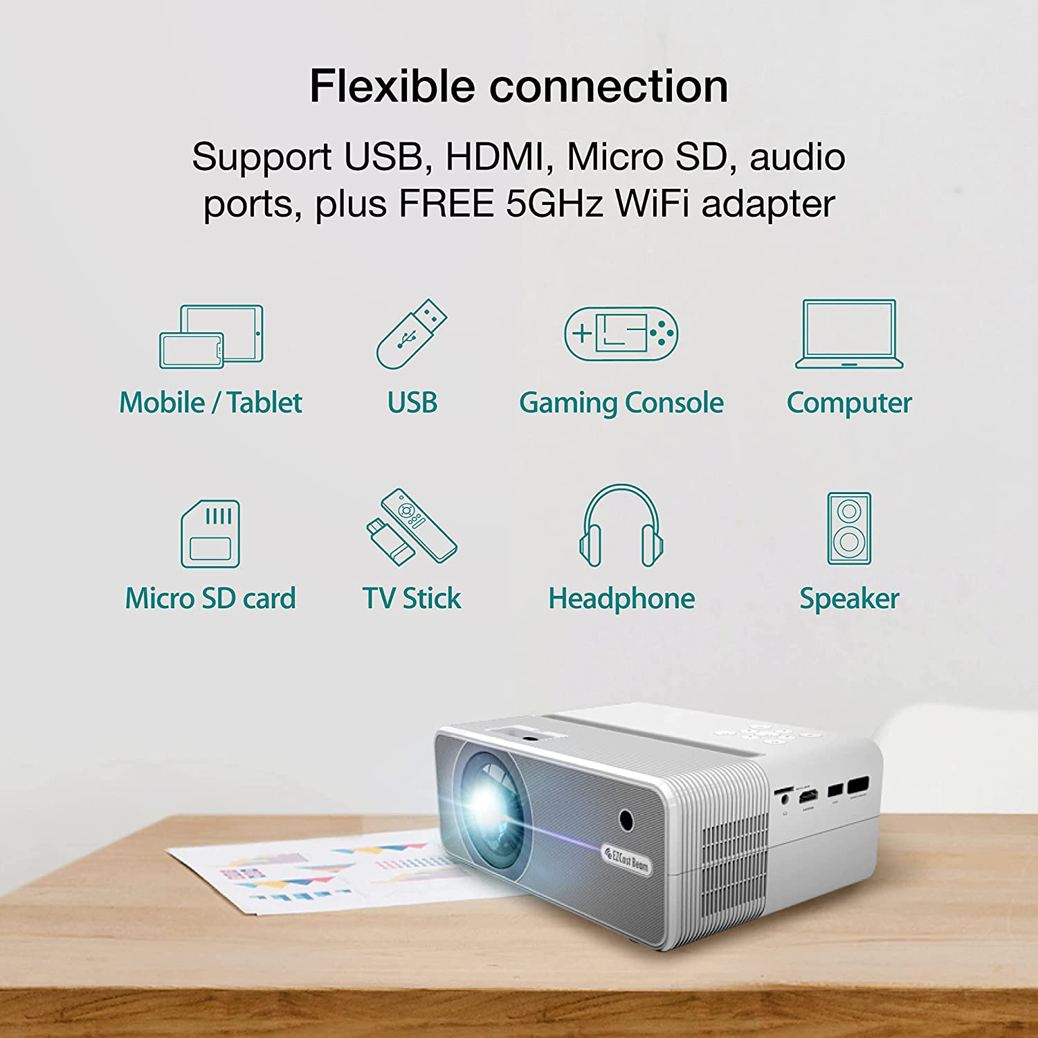 Ezcast Beam V3 5G Wifi Outdoor Projector for Iphone and Android | Supports 1080P, Airplay, Bluetooth, 150" Display, 200 Lumens, Compatible with Fire TV Stick, Roku, PS5, Xbox, Disney+【Update 2021】