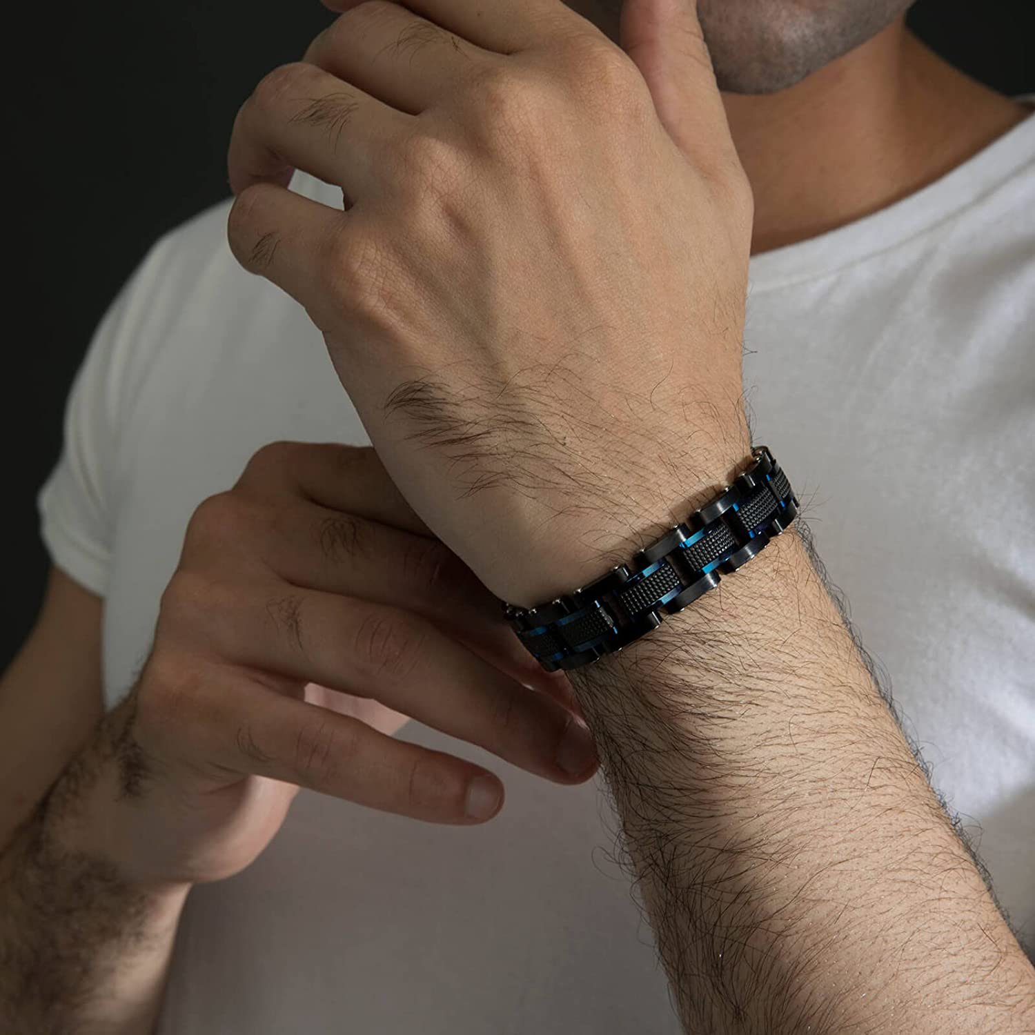 Zillaly Men'S Stainless Steel Two-Tone Square Link Diamond Bracelet in Black & Blue Ion-Plated Black