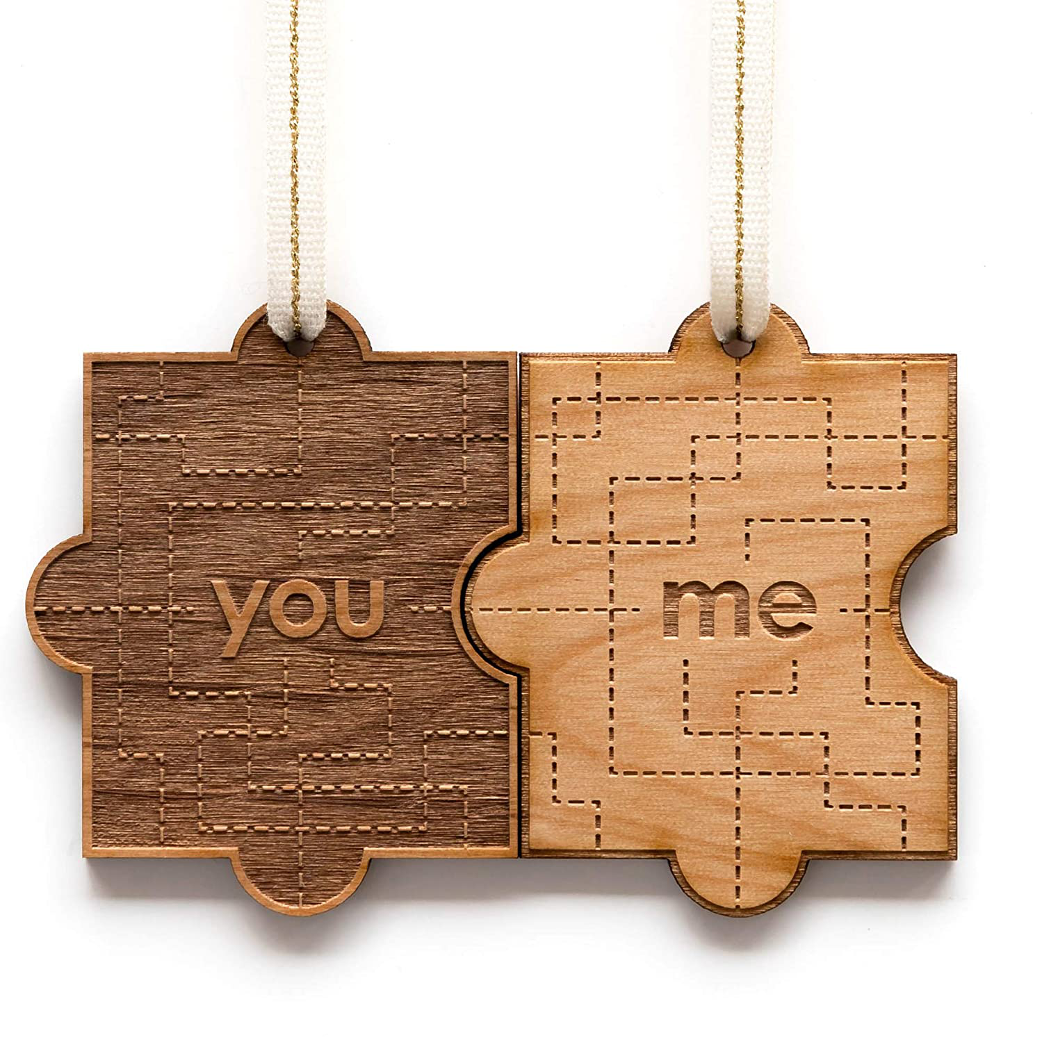 You & Me Pair Puzzle Piece Laser Cut Wood Ornaments - Comes with 2 [Christmas, Holiday, Love, Anniversary, Personalized Gifts, Custom Message, Stocking Stuffers]