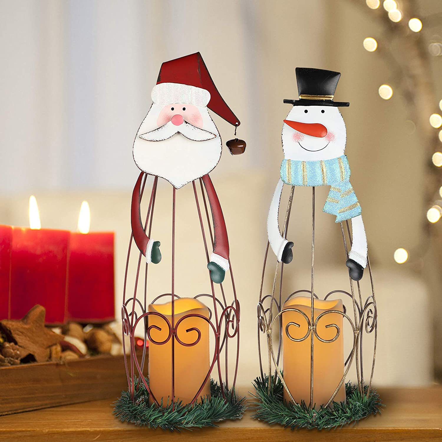 Mortime 2 Pack Christmas Candle Lantern with LED Lights, Metal Lighted Santa Claus Lanterns for Christmas Holiday Home Decorations