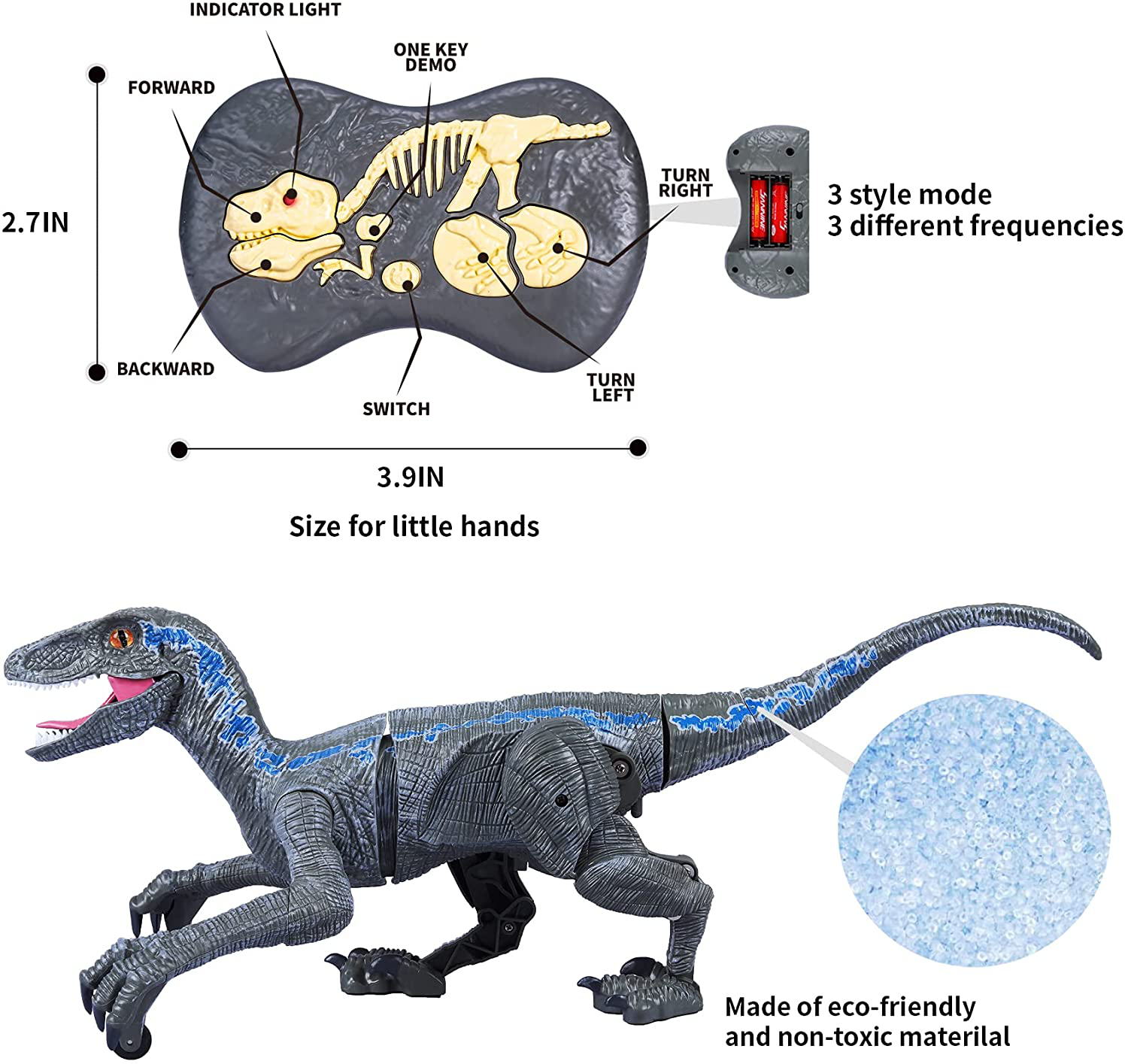 Remote Control Dinosaur for Kids Boys Girls,2.4G Electronic RC Toys Educational Simulation Velociraptor with 3D Eye Shaking Head & Roaring Sounds,Indoor Toys for 3 4 5 6 7 8 9 10 Year Old Gifts (Gray)