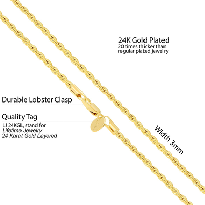 LIFETIME JEWELRY 3Mm Diamond Cut Rope Chain Necklace 24K Real Gold Plated
