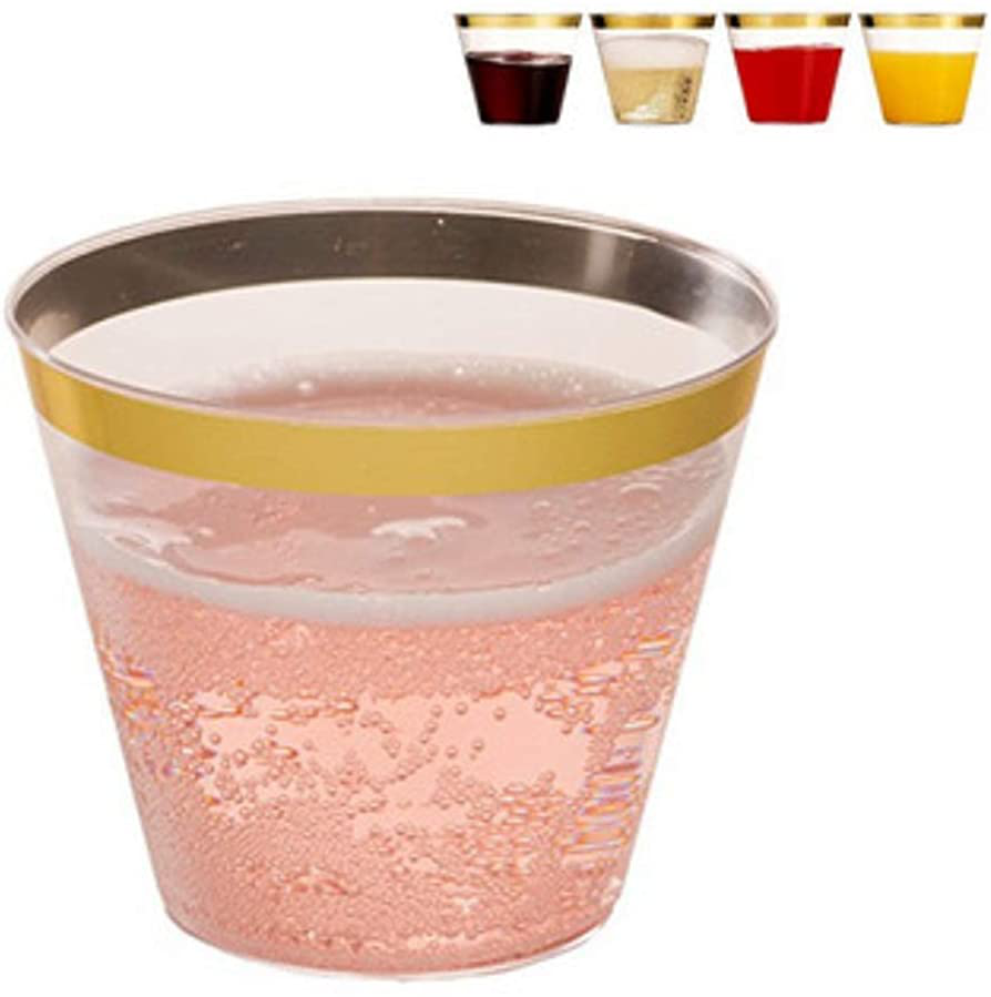 Perfect Settings 110 Premium Gold Rimmed Clear Plastic Disposable Party Cups 9 Ounce Holiday Gathering or Wedding Party Elegant Disposable Cups