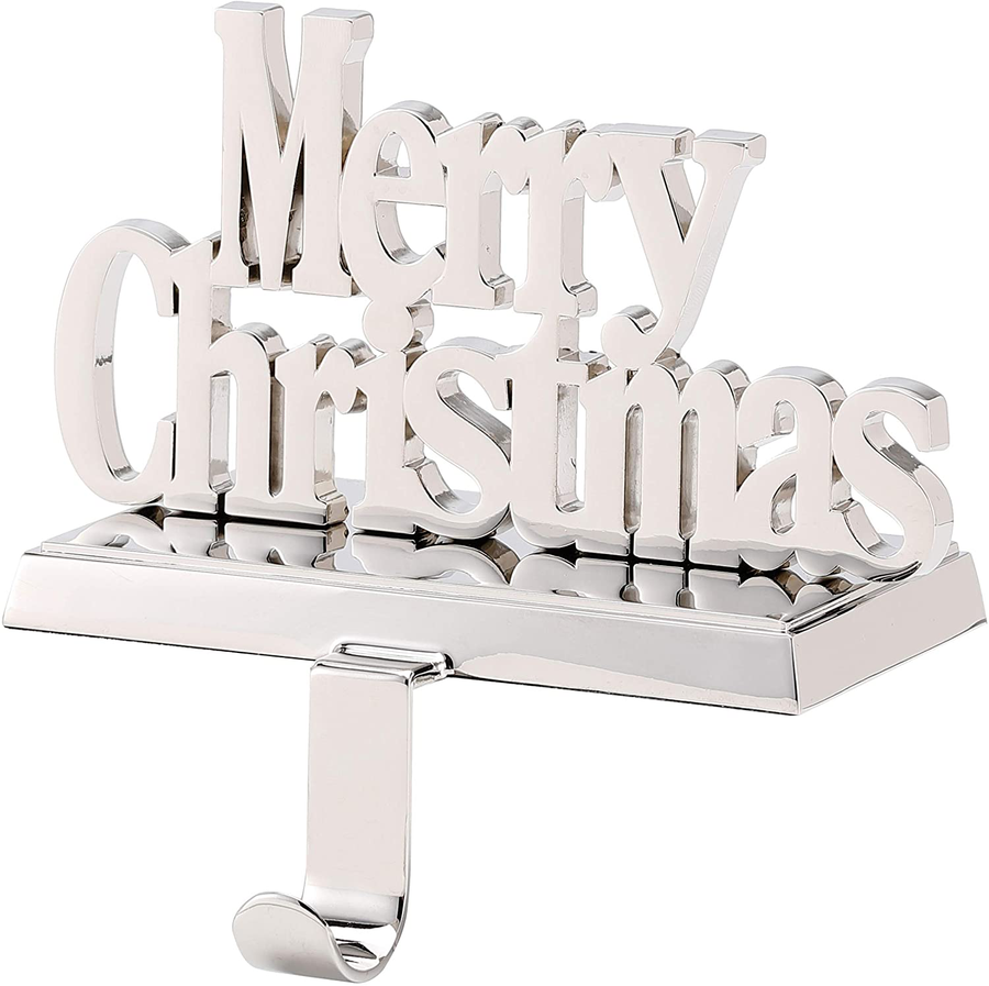 BIRDROCK HOME Merry Christmas Stocking Holder for Mantle - Christmas Decorations - Holiday Greetings - Mantle Fireplace Topper - Decorative Metal Hanger for Stockings - Home Décor