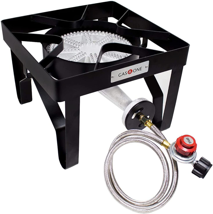 Gasone Square Heavy Duty Single Burner Outdoor Stove Propane Gas Cooker with Adjustable 0-20Psi Regulator & Steel Braided Hose Perfect for Home Brewing, Turkey Fry, Maple Syrup Prep