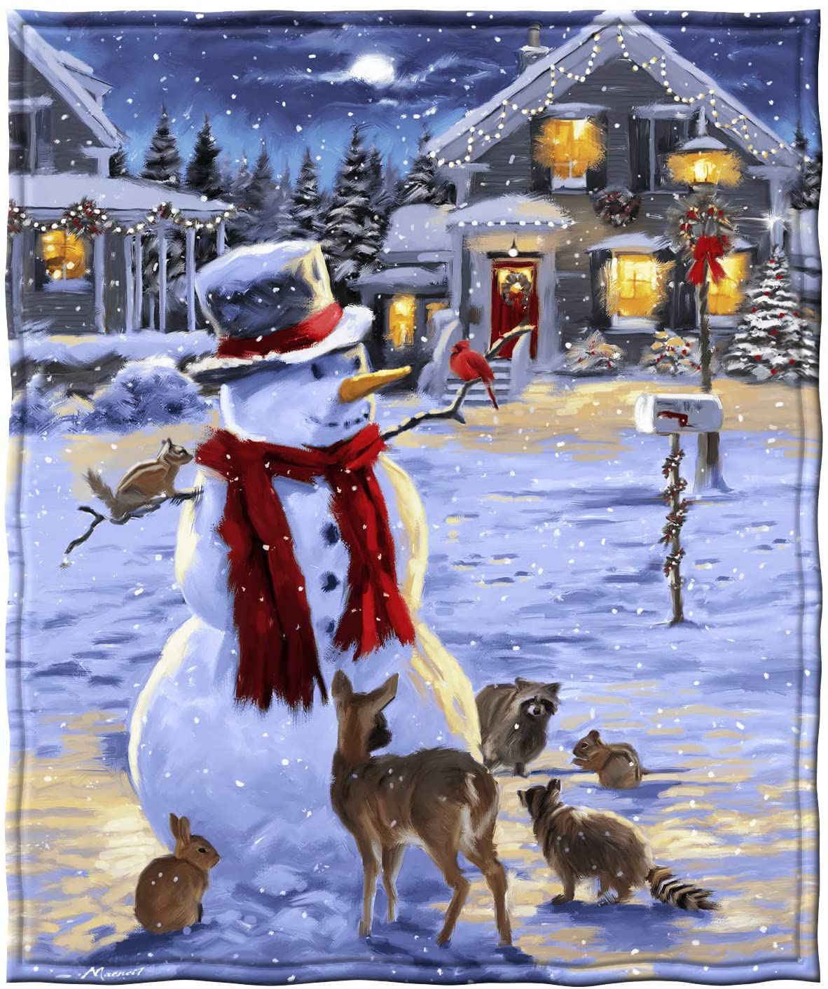 Snowman and Friends Holiday Lights Super Soft Plush Fleece Throw Blanket