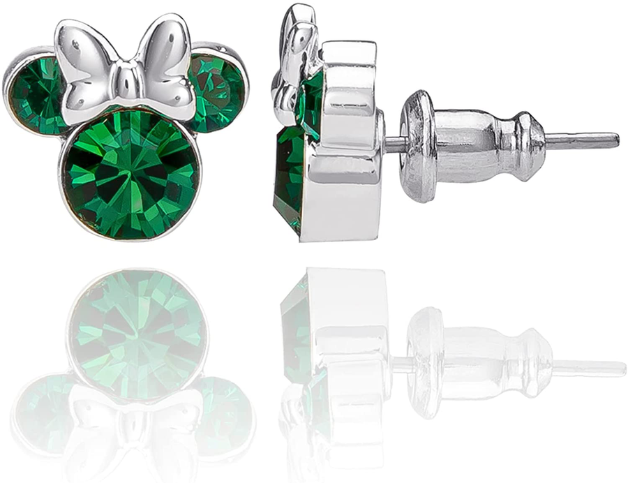 Disney Minnie Mouse Birthstone Jewelry, Silver Plated Crystal Stud Earrings for Women and Girls