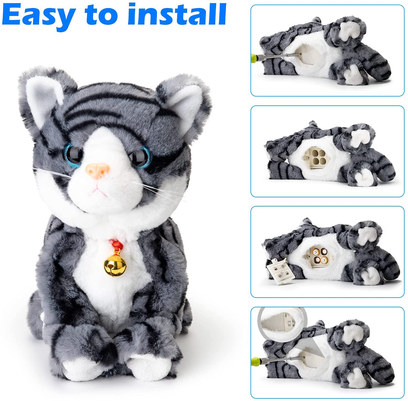 Interactive Electronic Plush Toy - Animated Sound Control Electronic Pet Robot Cat Kitten Toys Gifts for Boys & Girls Kids Birthday Christmas(Led Eyes) (Gray)